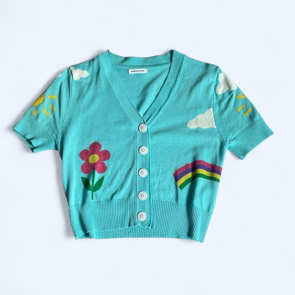 Turquoise lightweight Cardigan with Floral and Rainbow Design